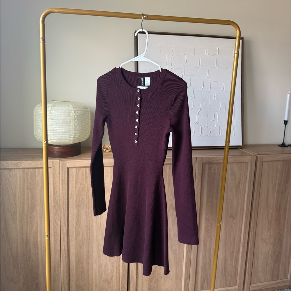 Hm Ribbed Crewneck Knit Dress - Deep Wine